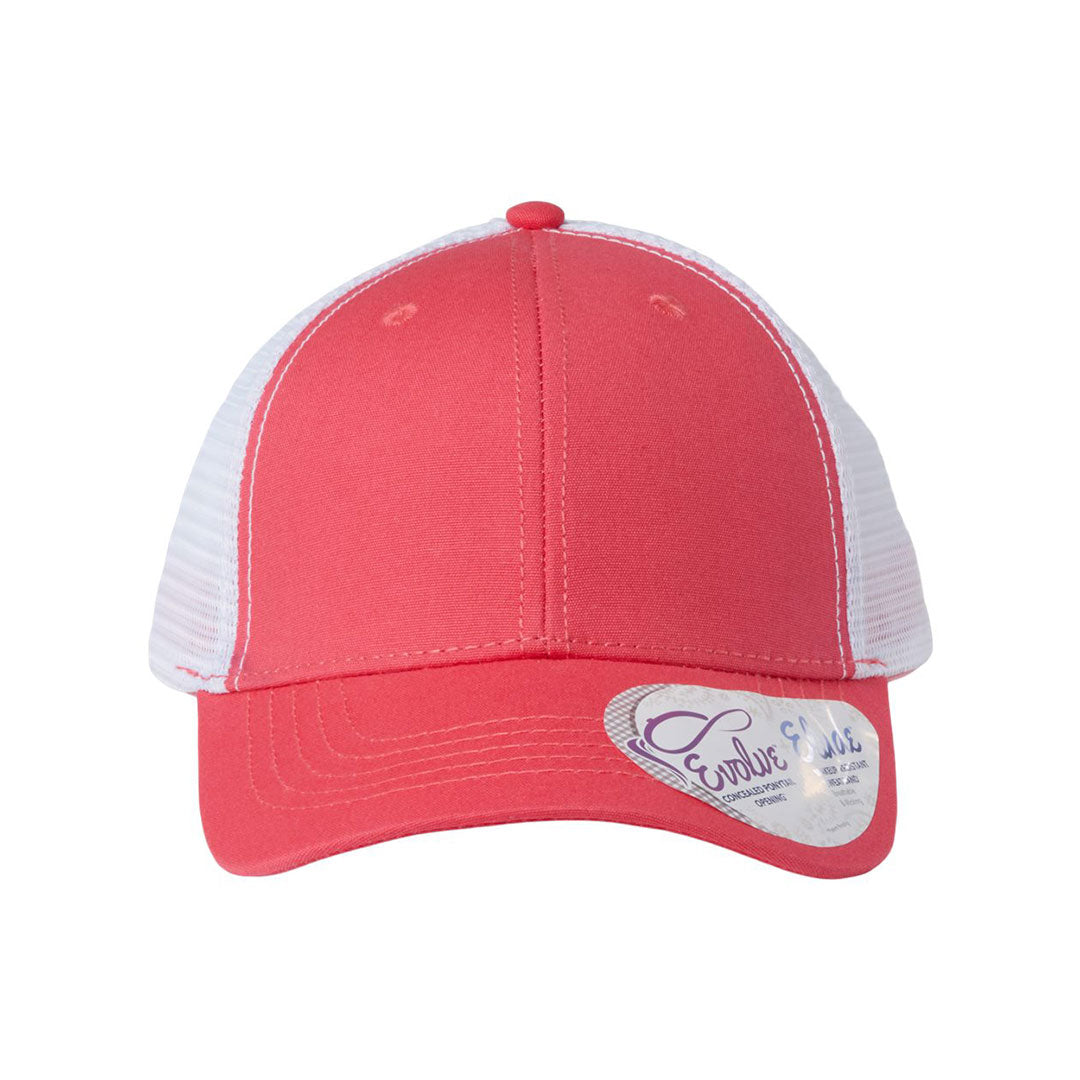 Lasered Leather Patch Hat - CHARLIE Women's Ponytail Trucker Hat - Customized with YOUR LOGO