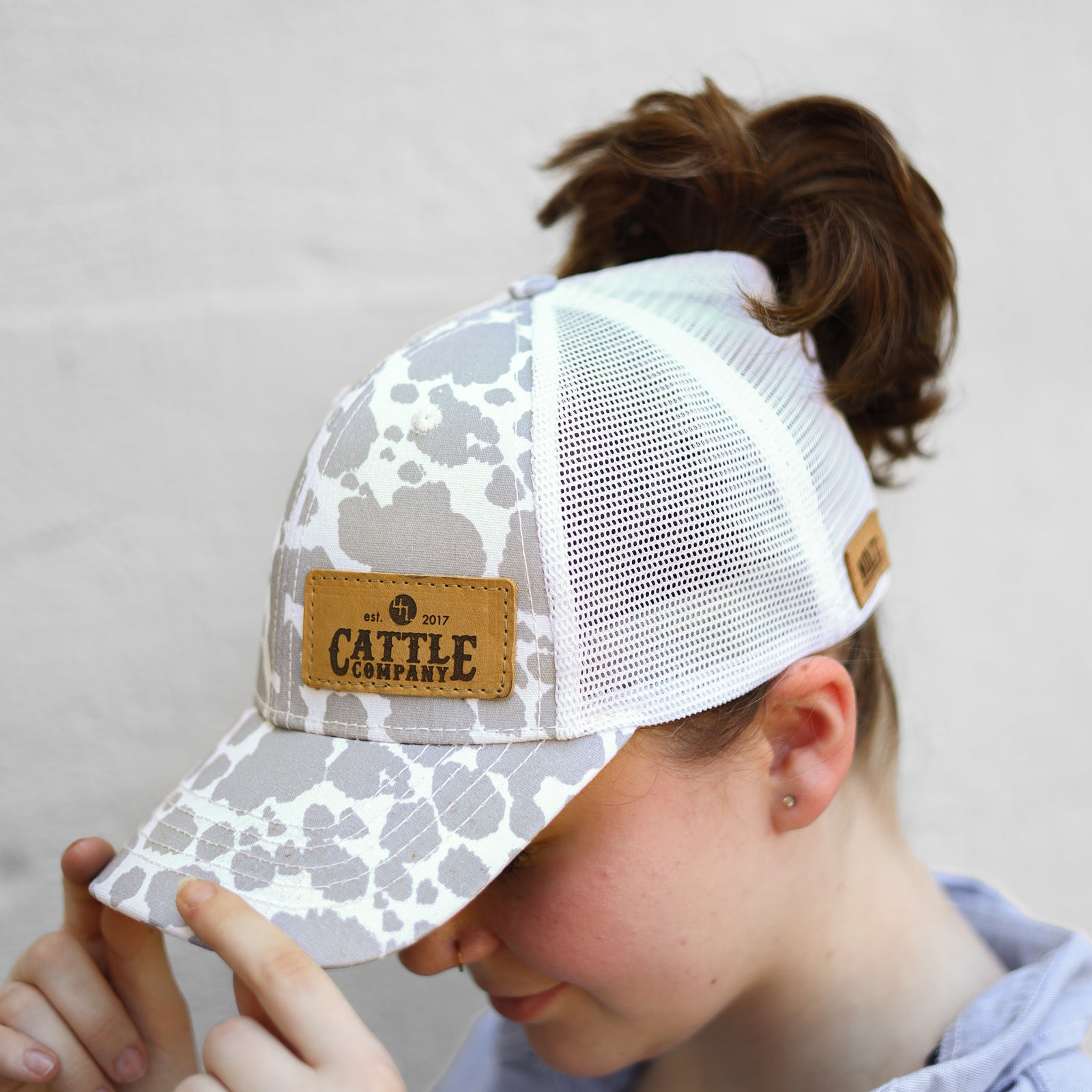 Lasered Leather Patch Hat - CHARLIE Women's Ponytail Trucker Hat - Customized with YOUR LOGO