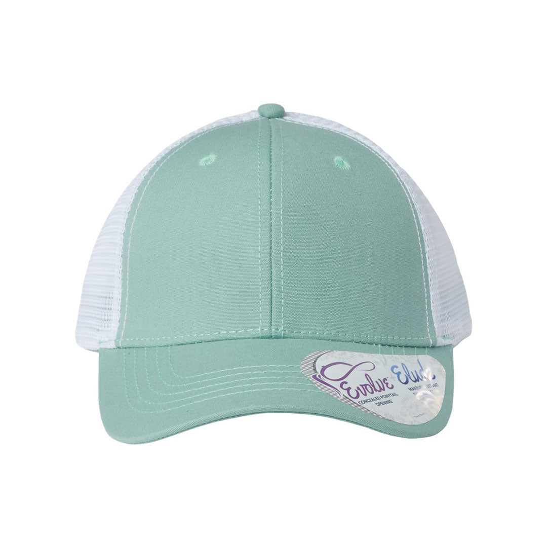 Lasered Leather Patch Hat - CHARLIE Women's Ponytail Trucker Hat - Customized with YOUR LOGO