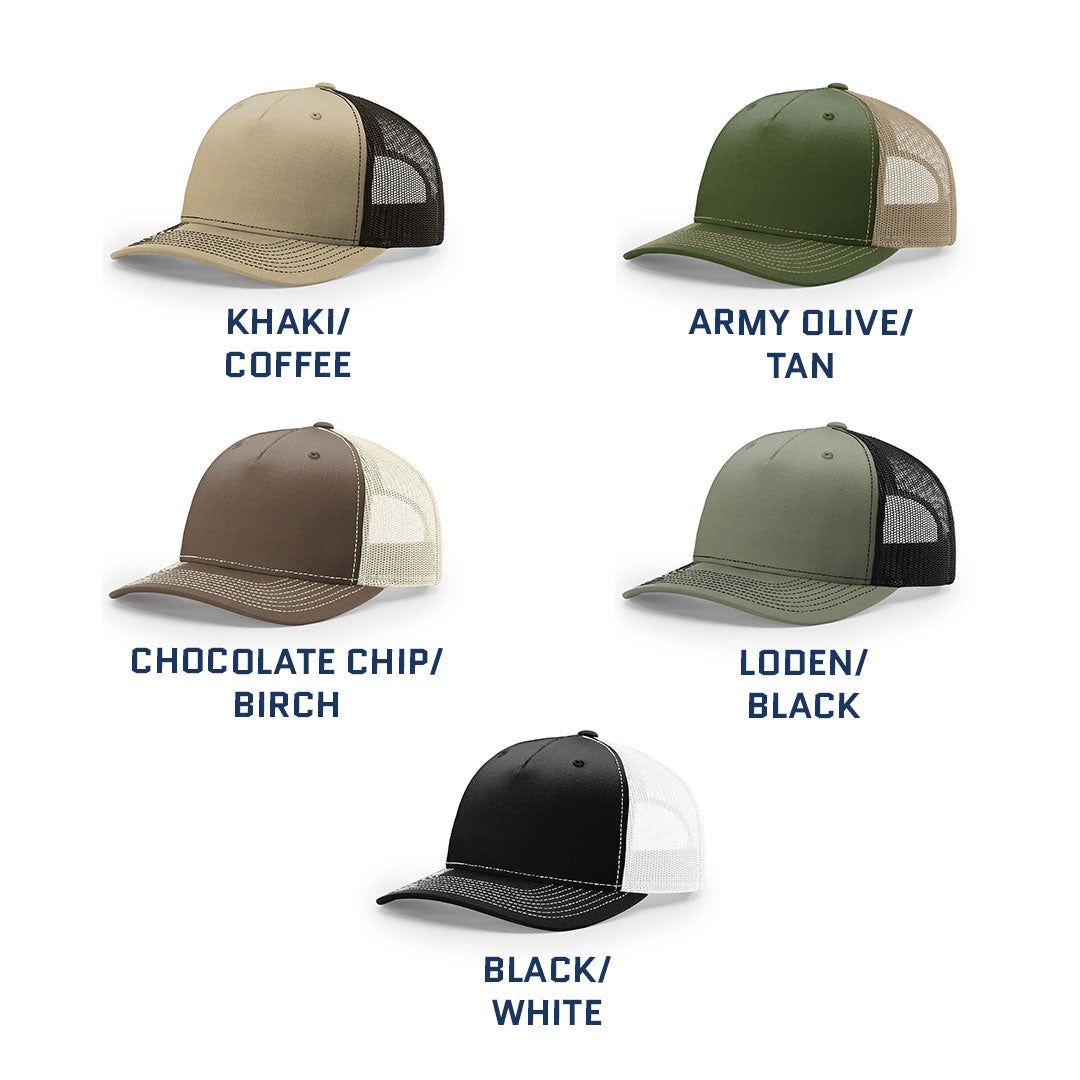 Debossed Heat Pressed - Richardson 112FP Five Panel Trucker Cap Custom Leather Patch Hat with YOUR LOGO