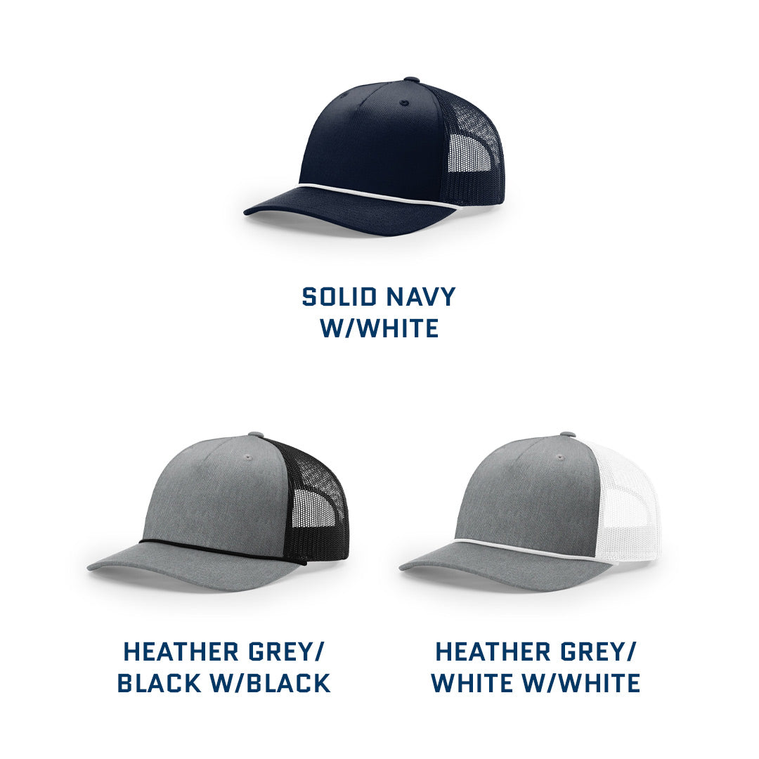 Debossed Heat Pressed - Richardson 112FPR Five Panel Trucker Cap with Rope - Customized with YOUR LOGO