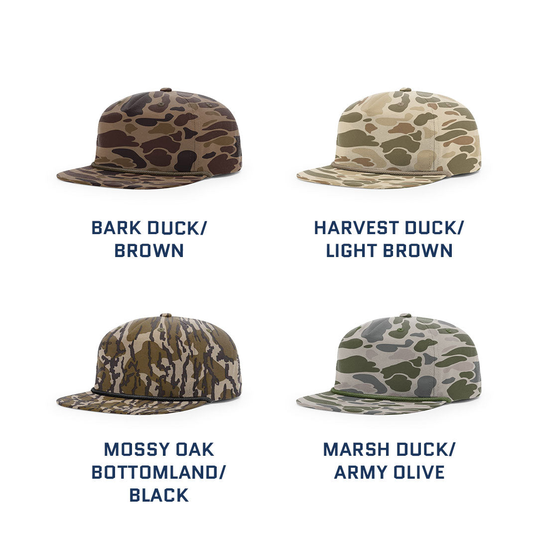 Lasered Leather Patch Flatbill Hat with Rope - Camo Richardson 256P - Customized with YOUR LOGO