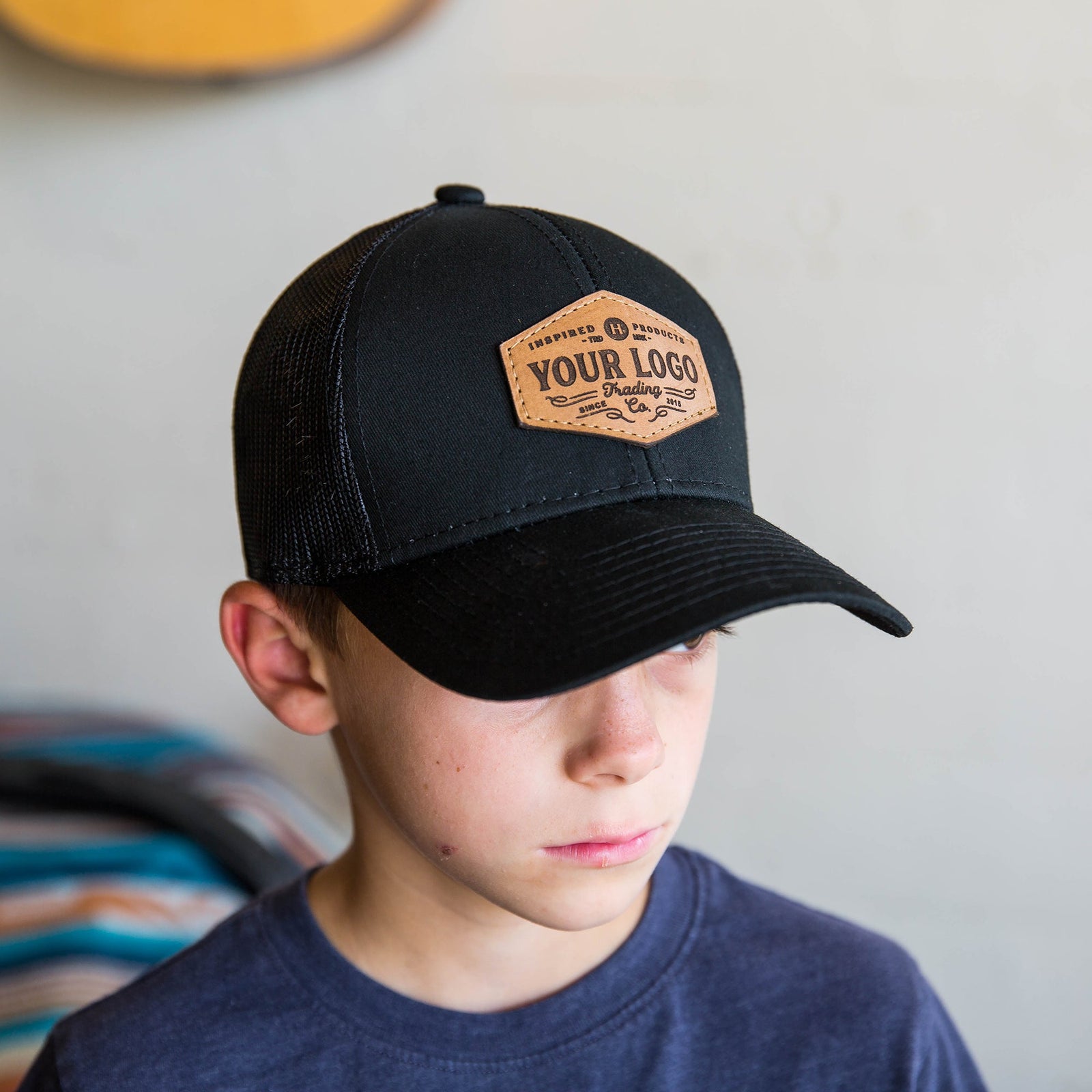 Lasered Leather Patch Mesh Back Kids Trucker Hat ~ OTTO 112-1 Youth Baseball Cap ~ Customized with YOUR LOGO