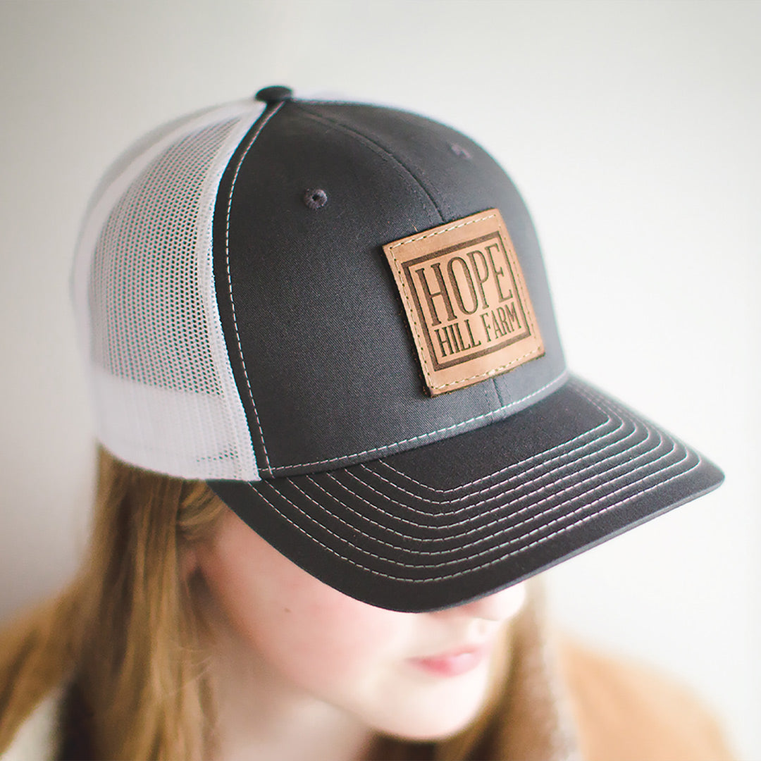 SALE - Lasered - Charcoal/White Richardson 112 Custom Leather Patch Trucker Hat