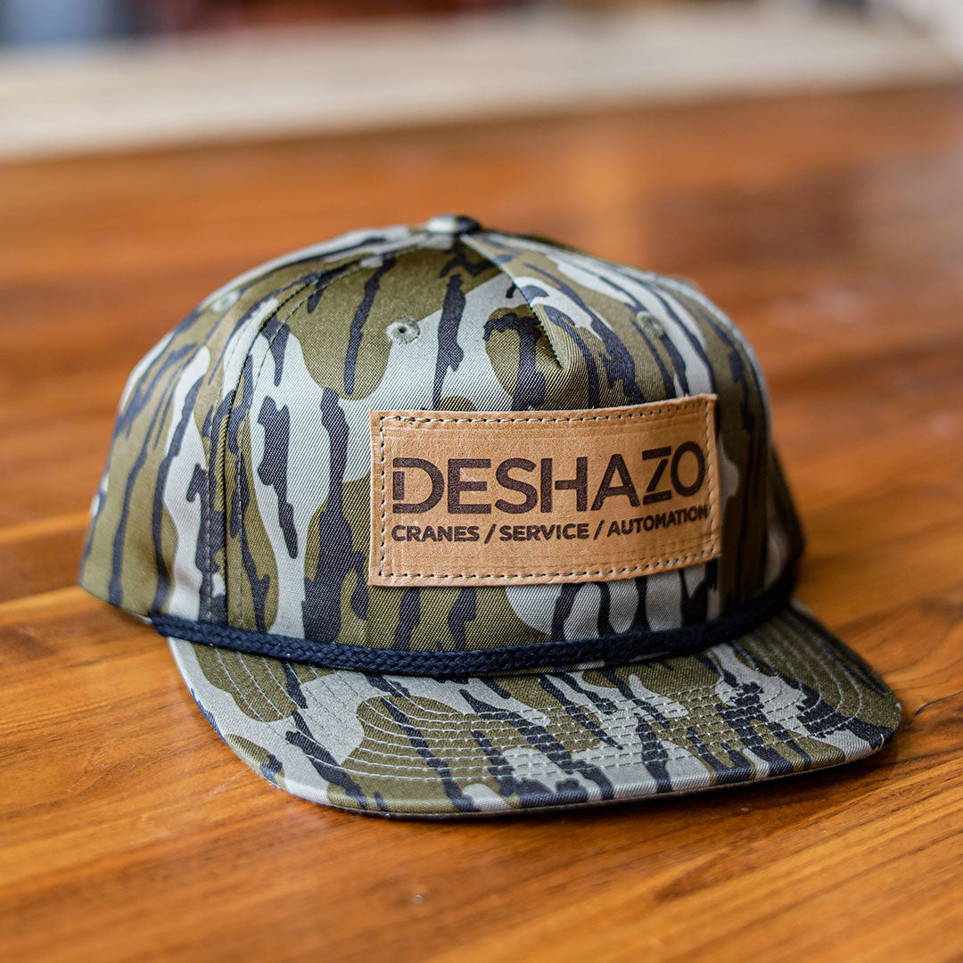 Lasered Leather Patch Flatbill Hat with Rope - Camo Richardson 256P - Customized with YOUR LOGO