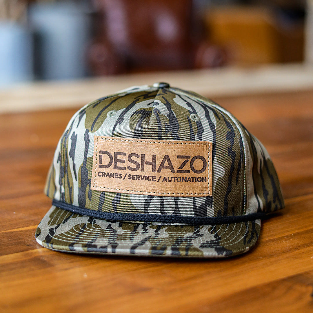 Lasered Leather Patch Flatbill Hat with Rope - Camo Richardson 256P - Customized with YOUR LOGO