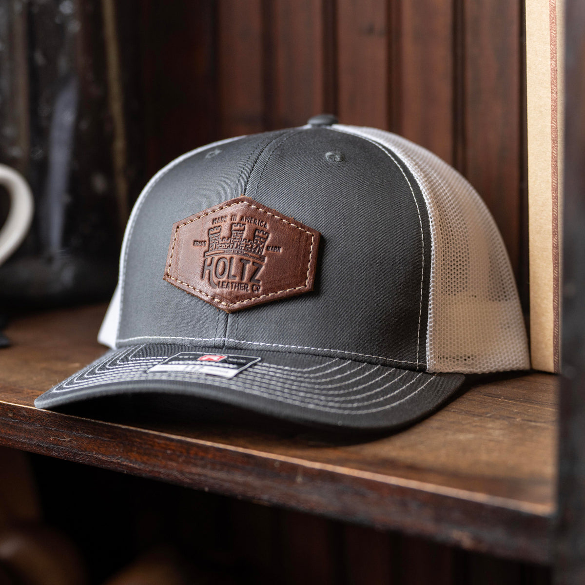 SALE - Debossed Heat Pressed - Charcoal/White Richardson 112 Custom Leather Patch Trucker Hat