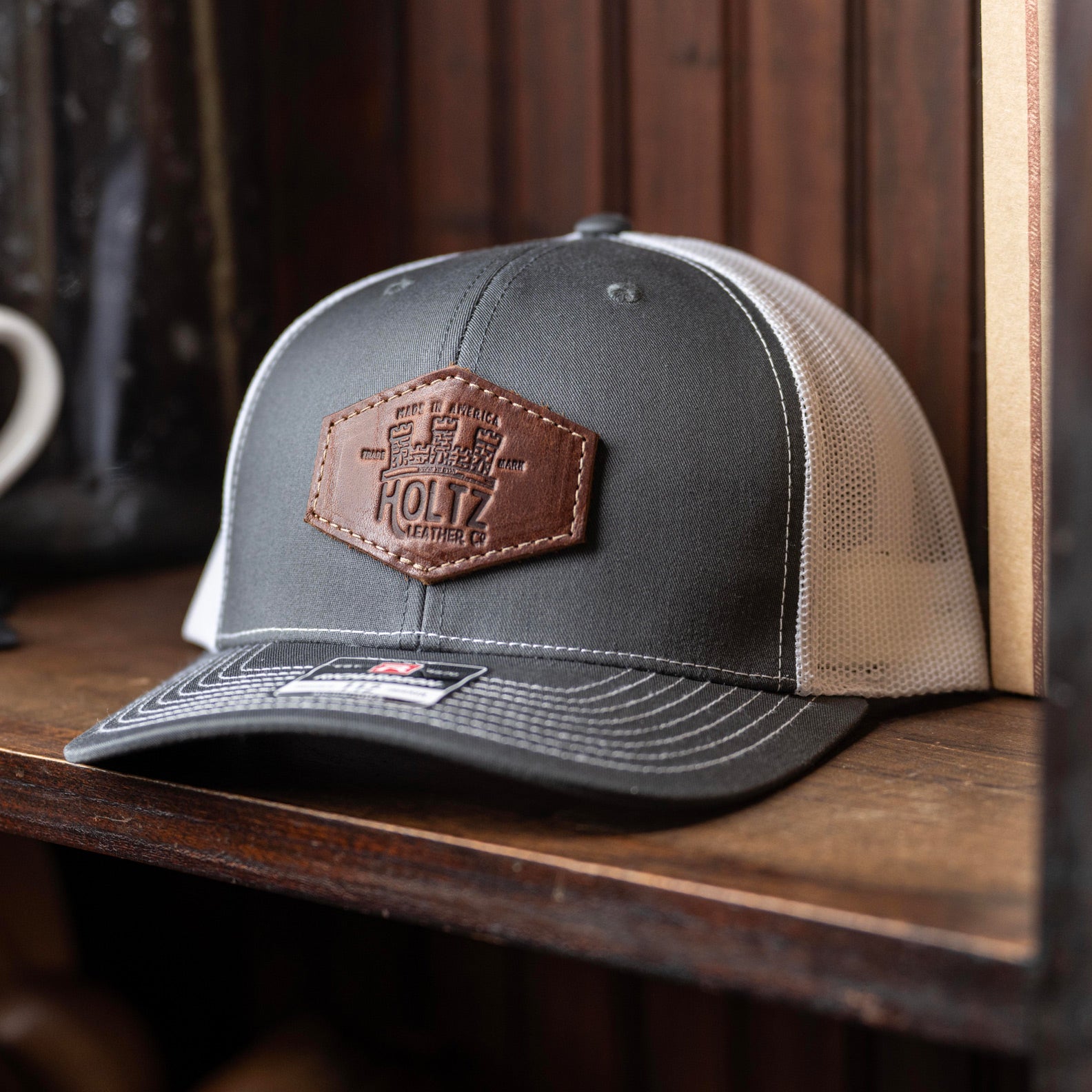 SALE - Debossed Heat Pressed - Charcoal/White Richardson 112 Custom Leather Patch Trucker Hat