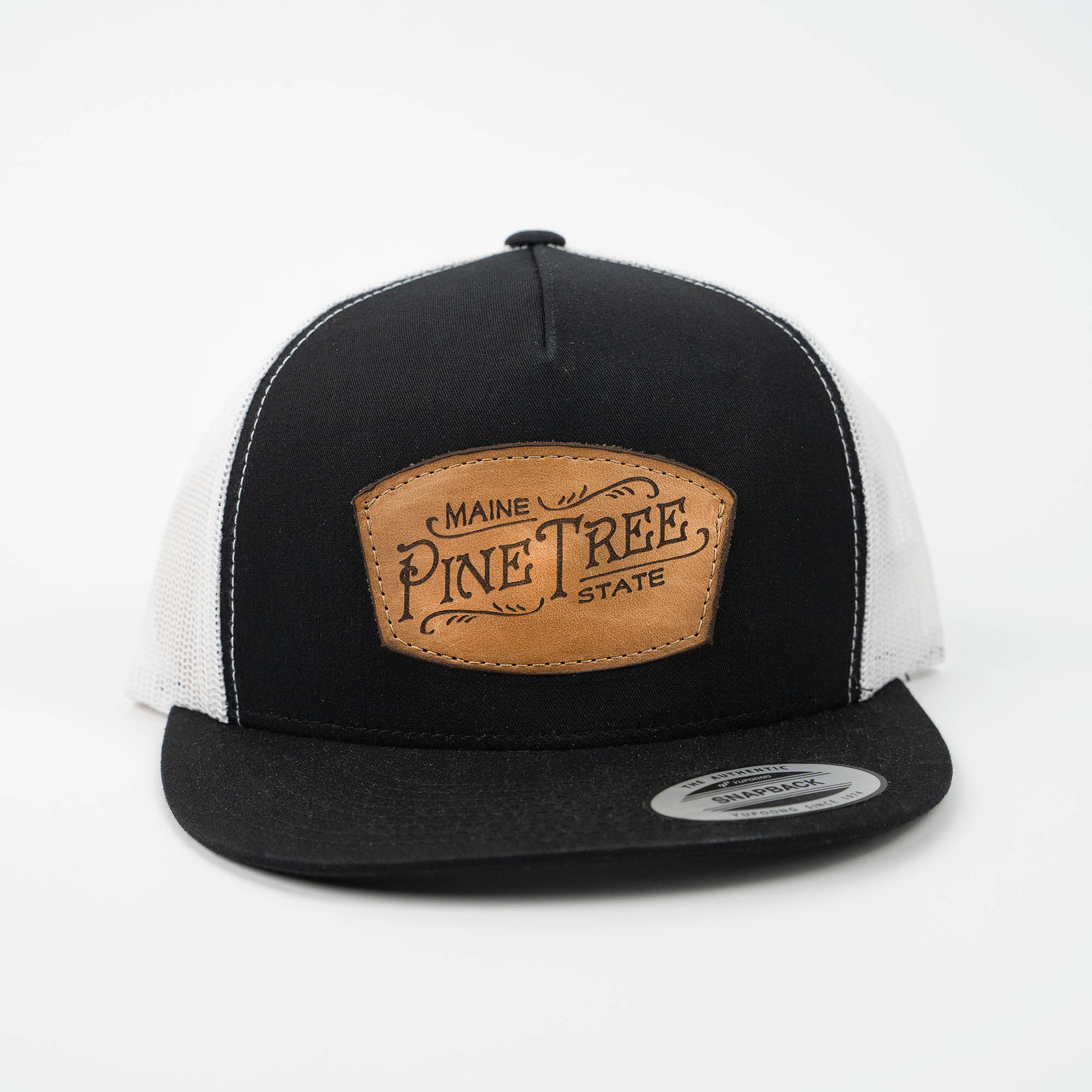 Lasered Leather Patch Trucker Mesh Snapback Hat ~ Yupoong 6006 Cap ~ Customized with YOUR LOGO