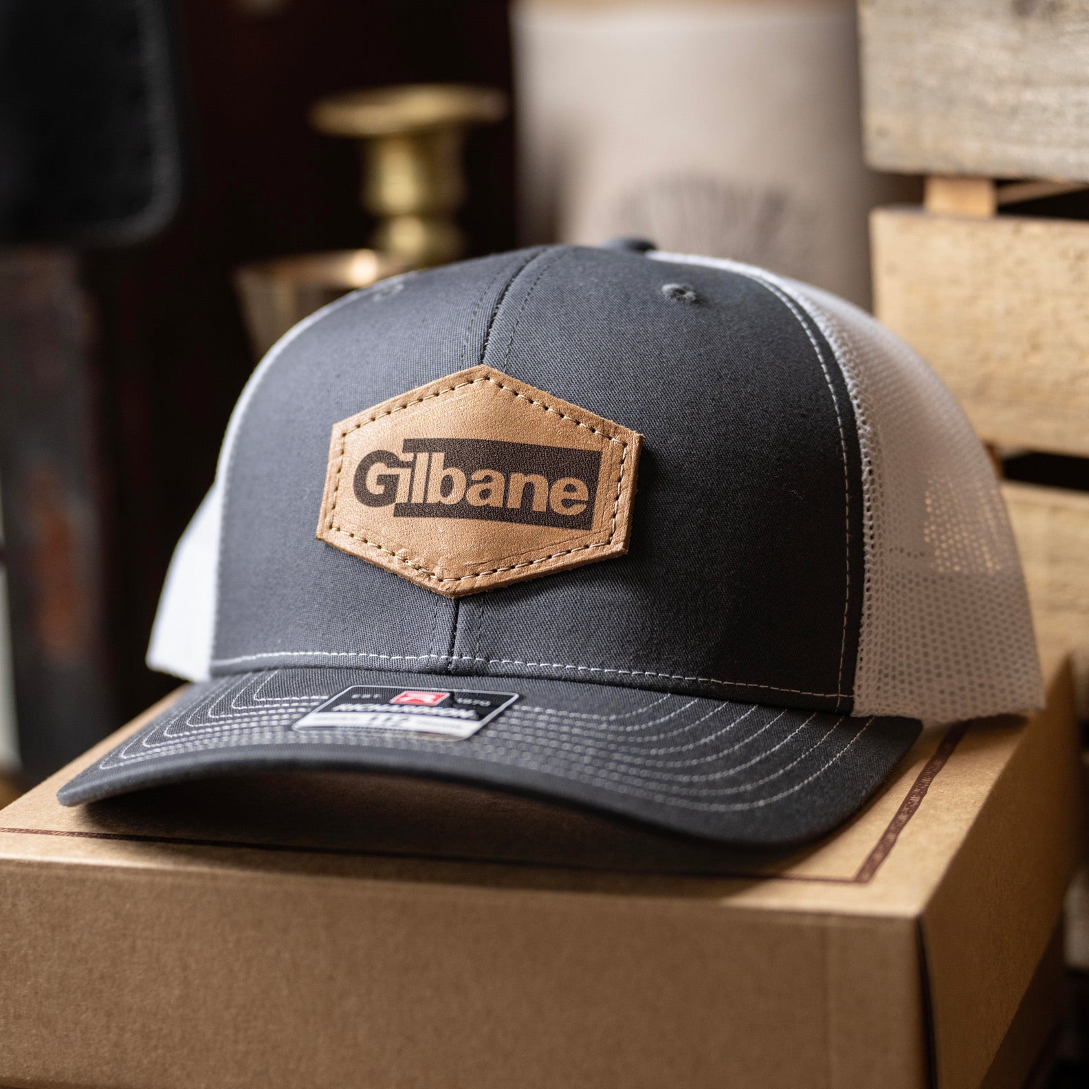 SALE - Lasered - Charcoal/White Richardson 112 Custom Leather Patch Trucker Hat
